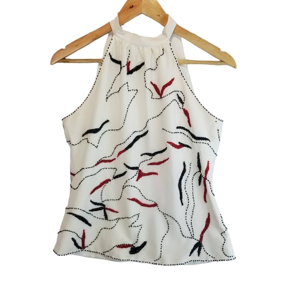 White Blouse Halter Choker Top with Black and Red Beads High neck